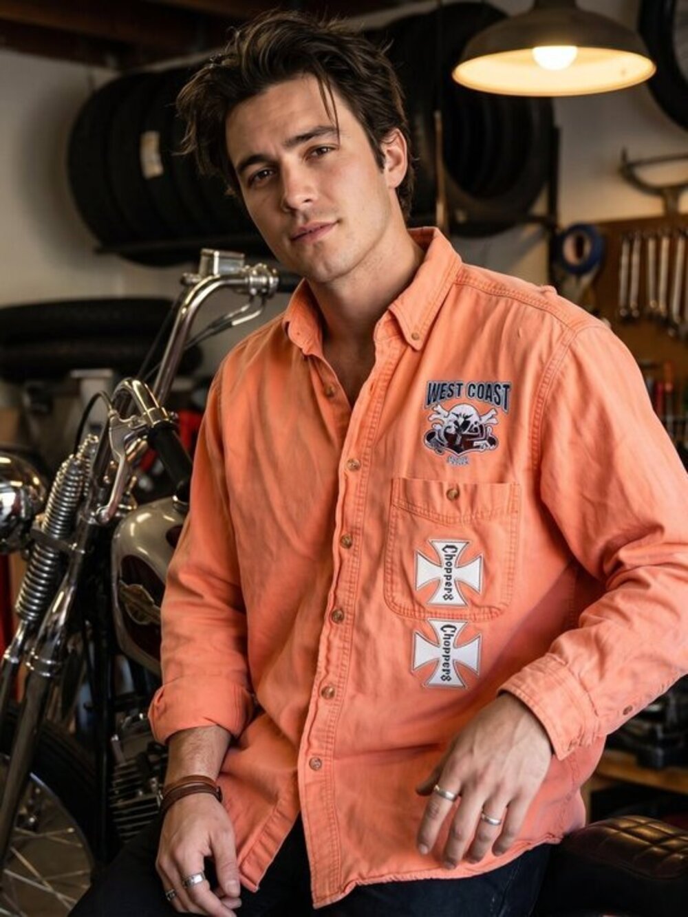 Vntg Choppers Daytona bike week, 2007 biker design Orange Men's Shirt Size large